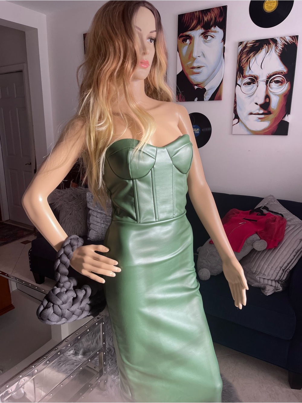 Strapless Green Faux Leather Bustier Dress small MONACO 🇲🇨